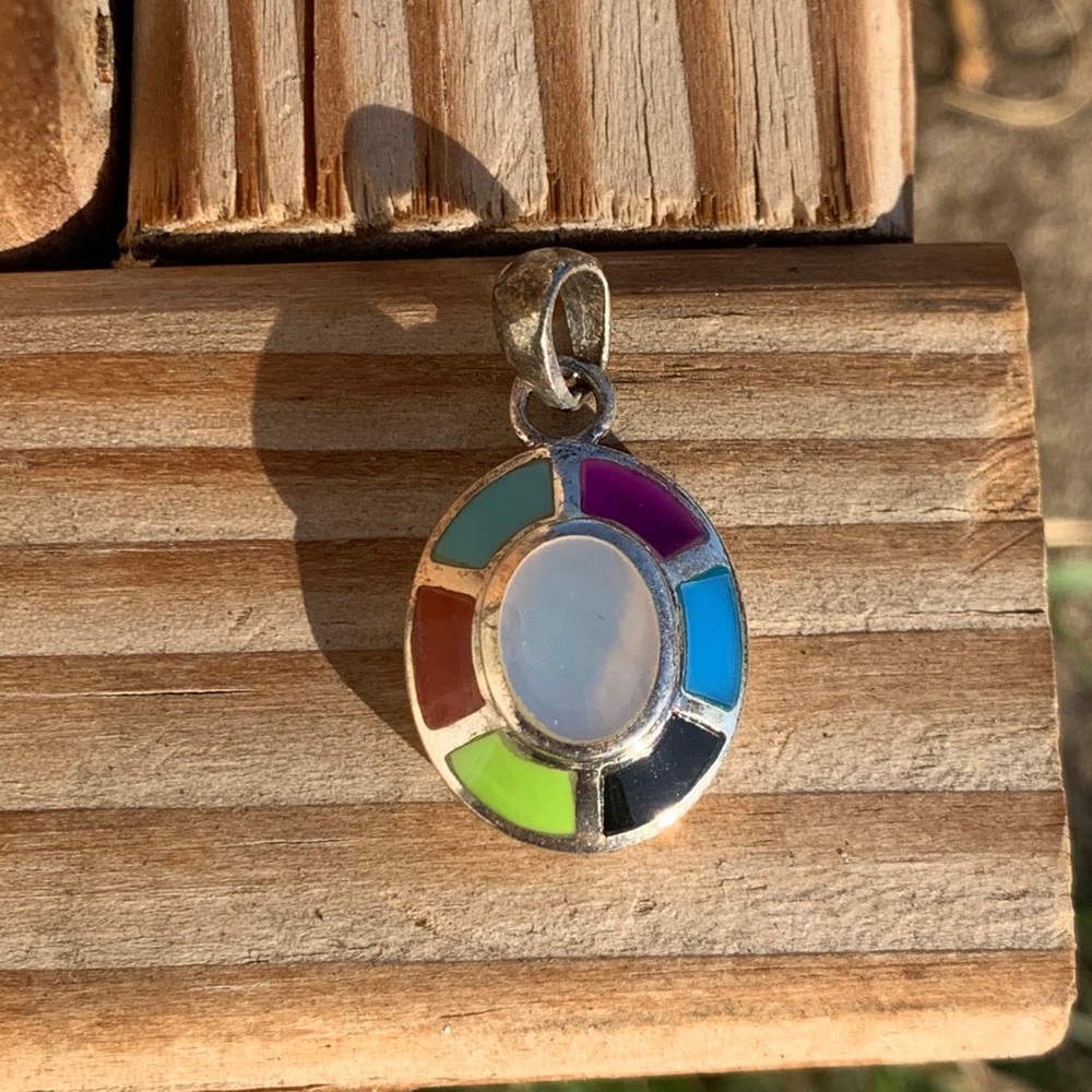 Multi Color Stone Inlay Oval Pendant - image 2
